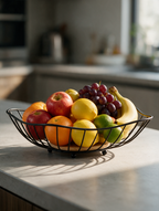 Black metal fruit basket filled with fruit on a kitchen counter