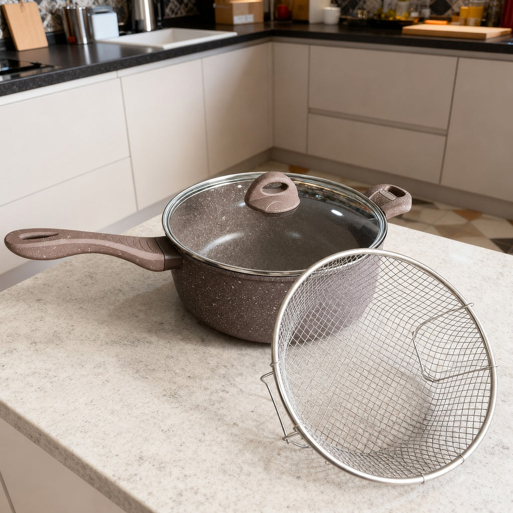 Vallena 3-piece potato frying set with a brown non-stick pot, glass lid, and stainless steel strainer basket.