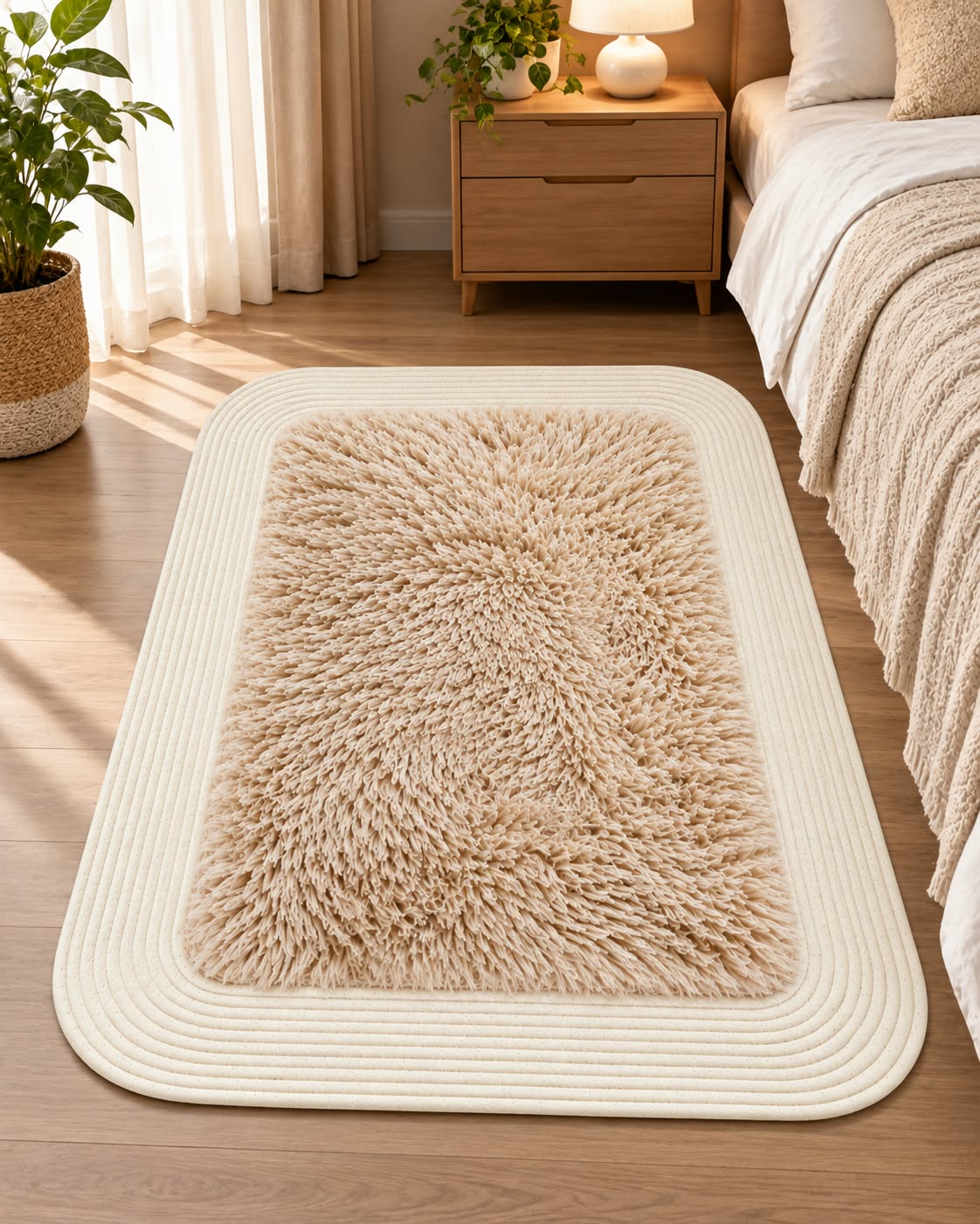 Rectangular furry rug in beige styled in a bedroom