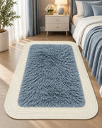 Rectangular furry rug in blue styled in a bedroom