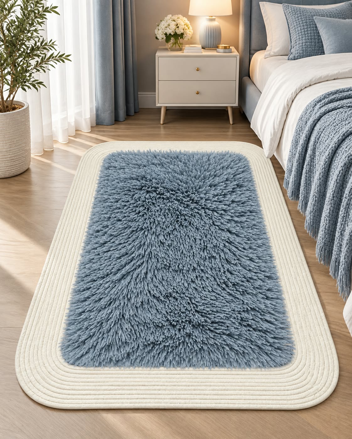 Rectangular furry rug in blue styled in a bedroom