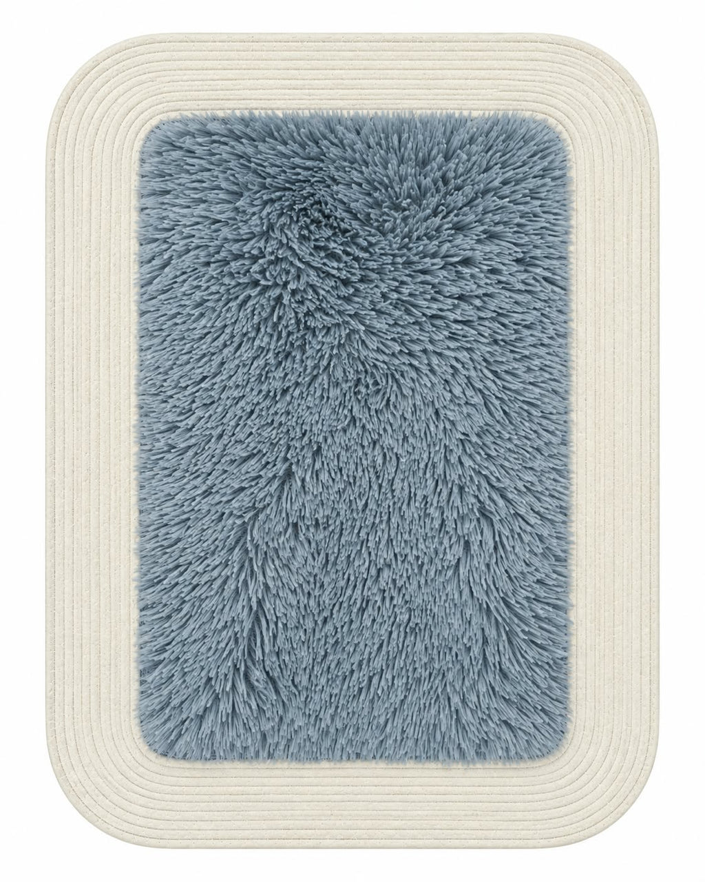 Rectangular furry rug in blue on white background