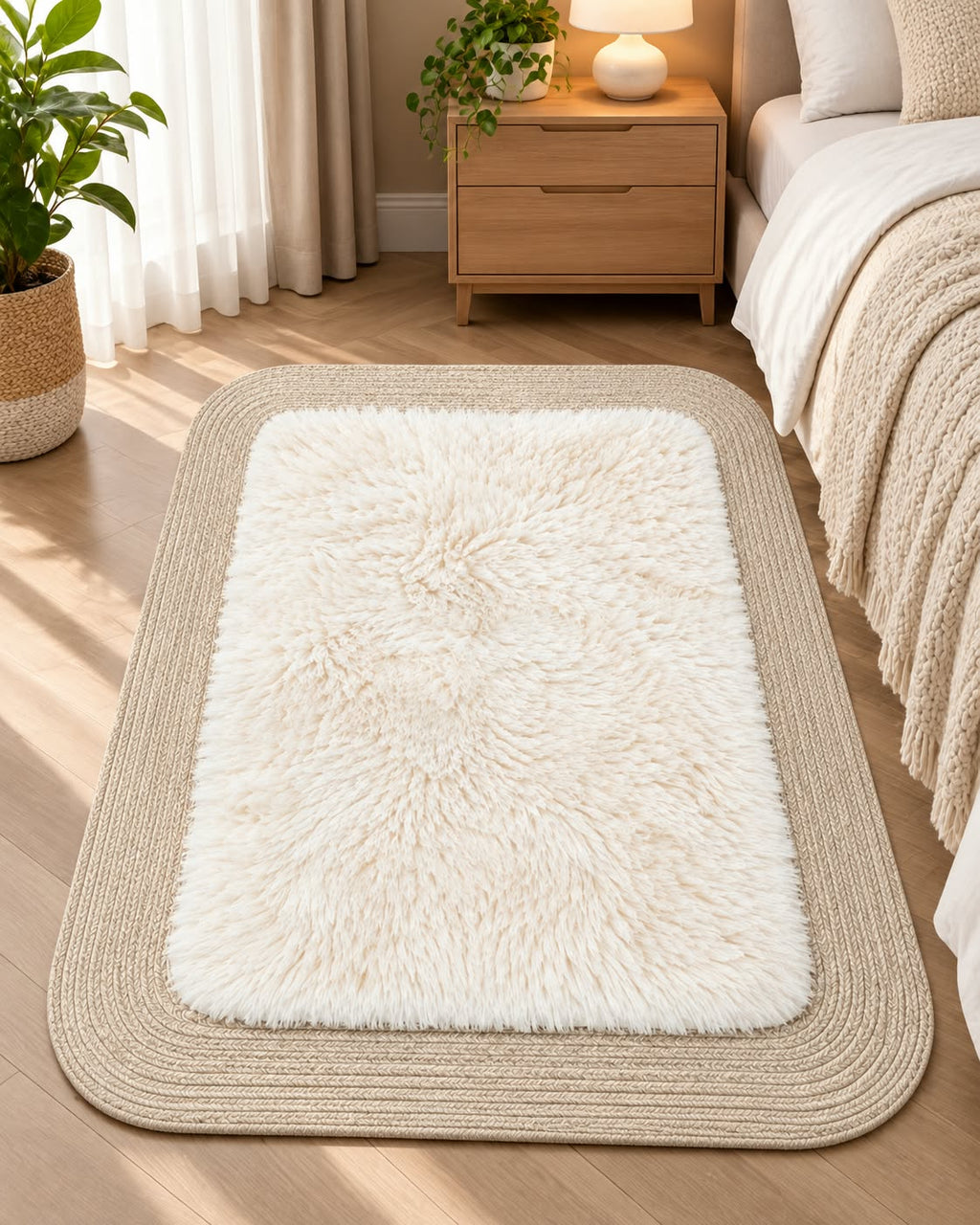 Rectangular furry rug in ivory styled in a bedroom