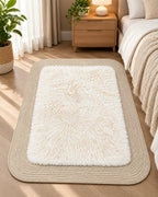 Rectangular furry rug in ivory styled in a bedroom
