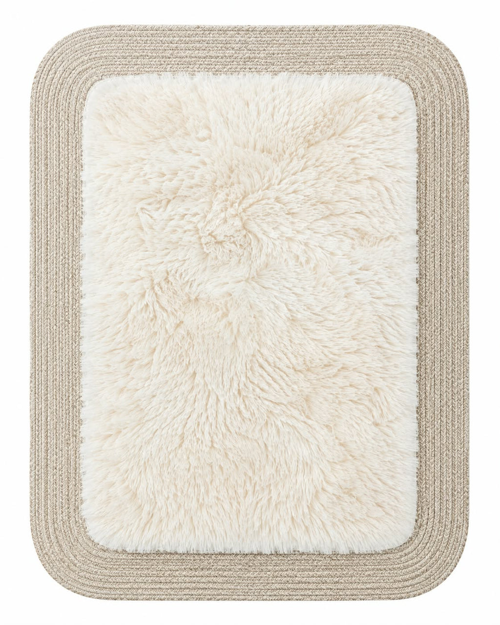 Rectangular furry rug in ivory on white background