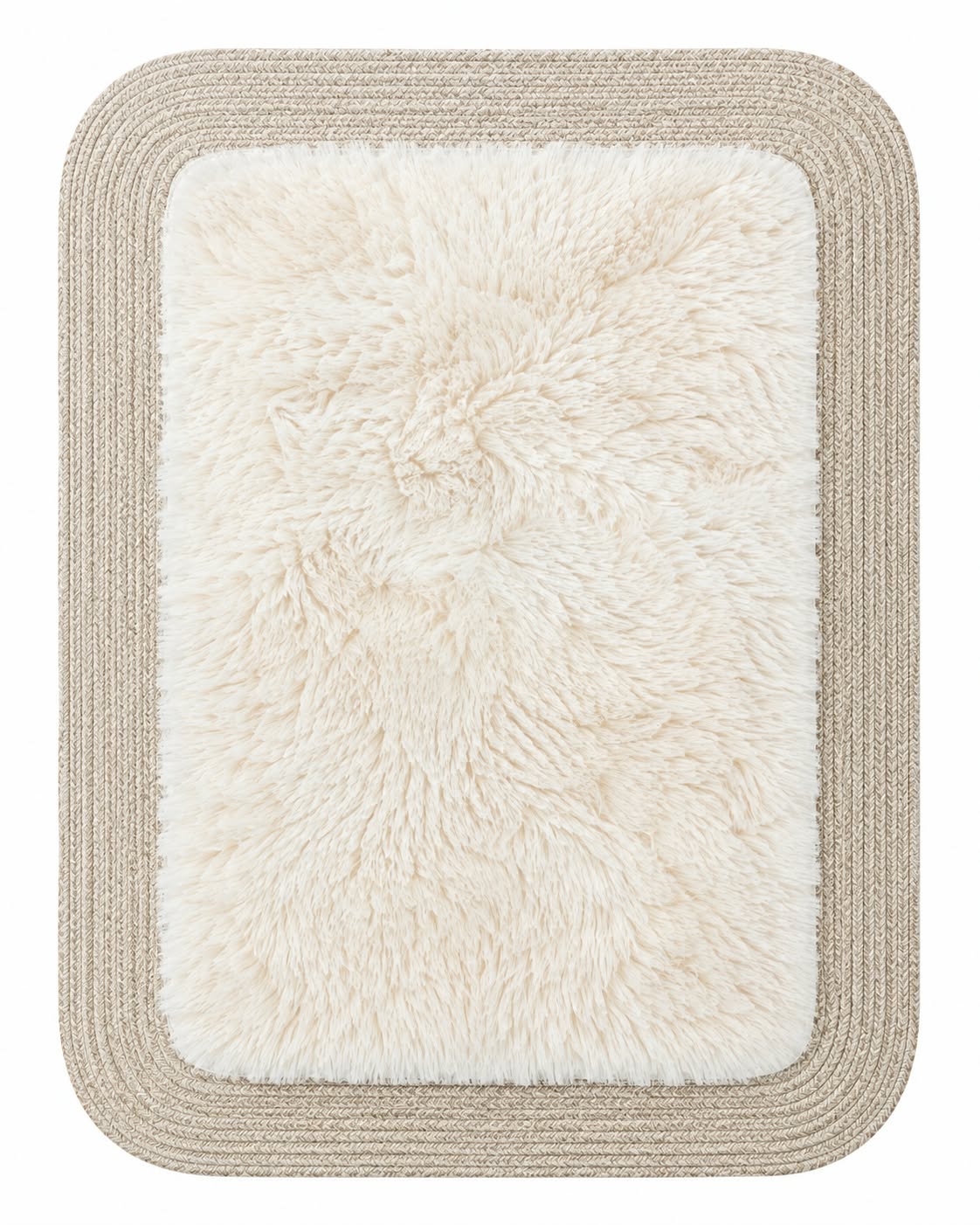 Rectangular furry rug in ivory on white background