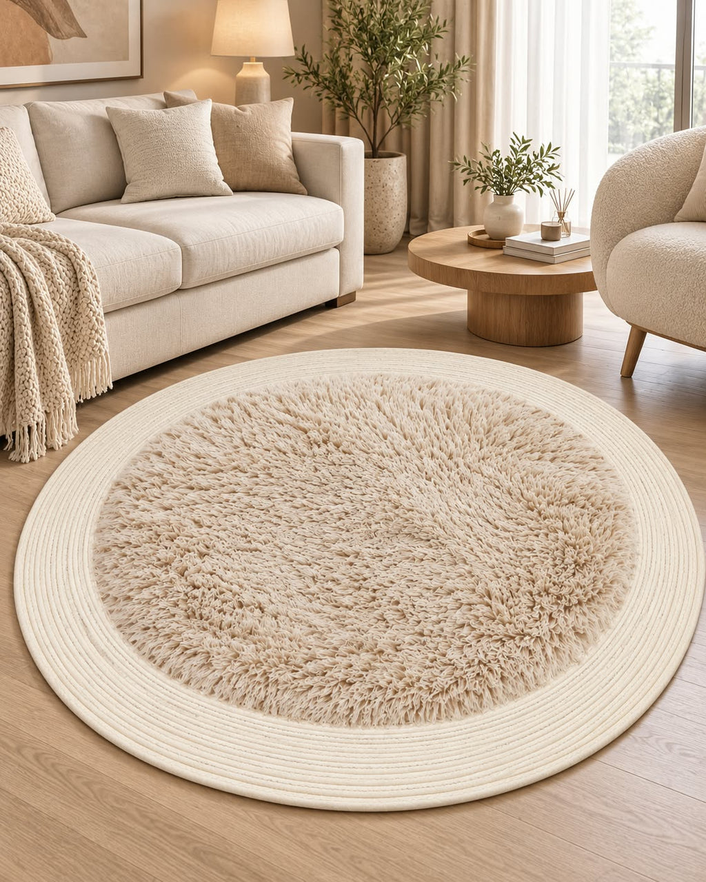 Round furry area rug in beige styled in a living room