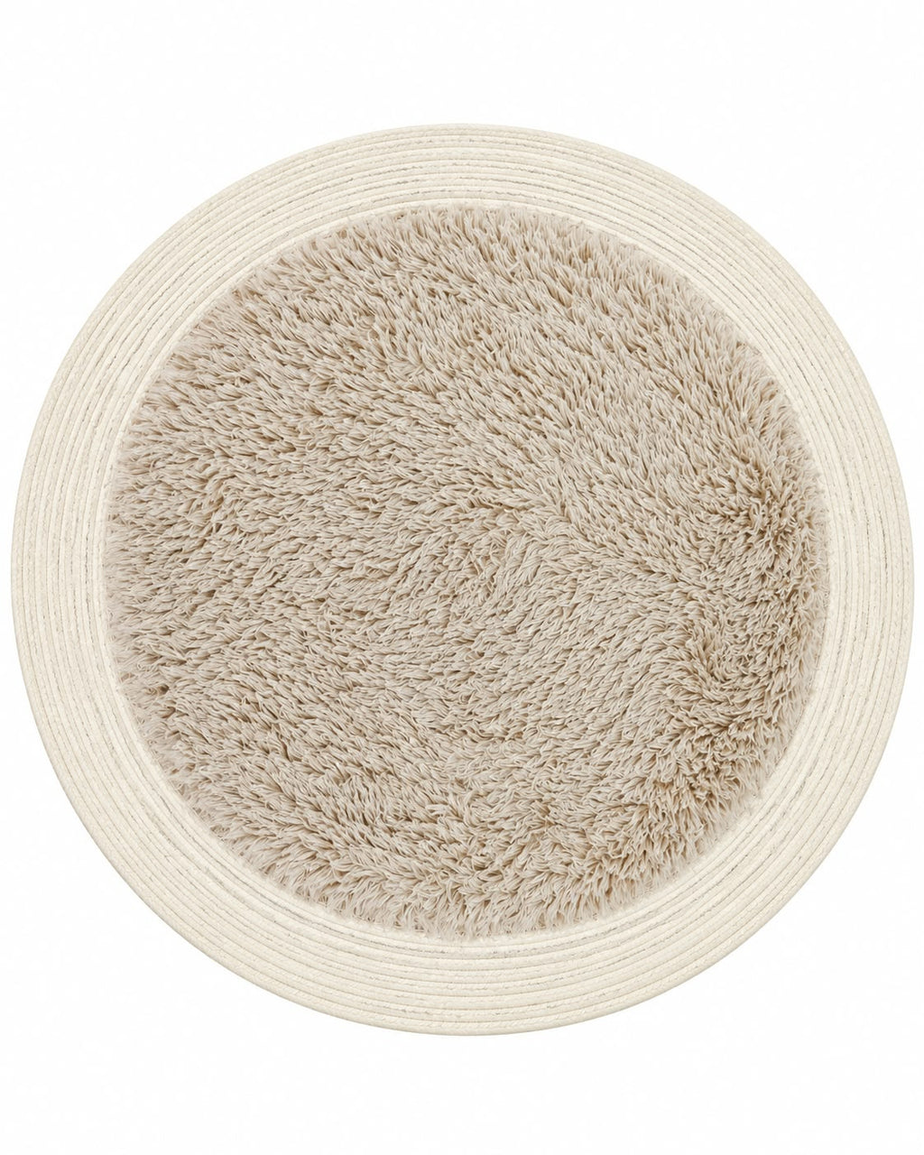 Round furry area rug in beige on white background