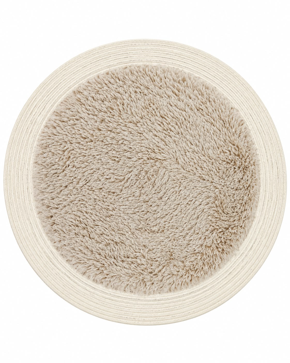 Round furry area rug in beige on white background