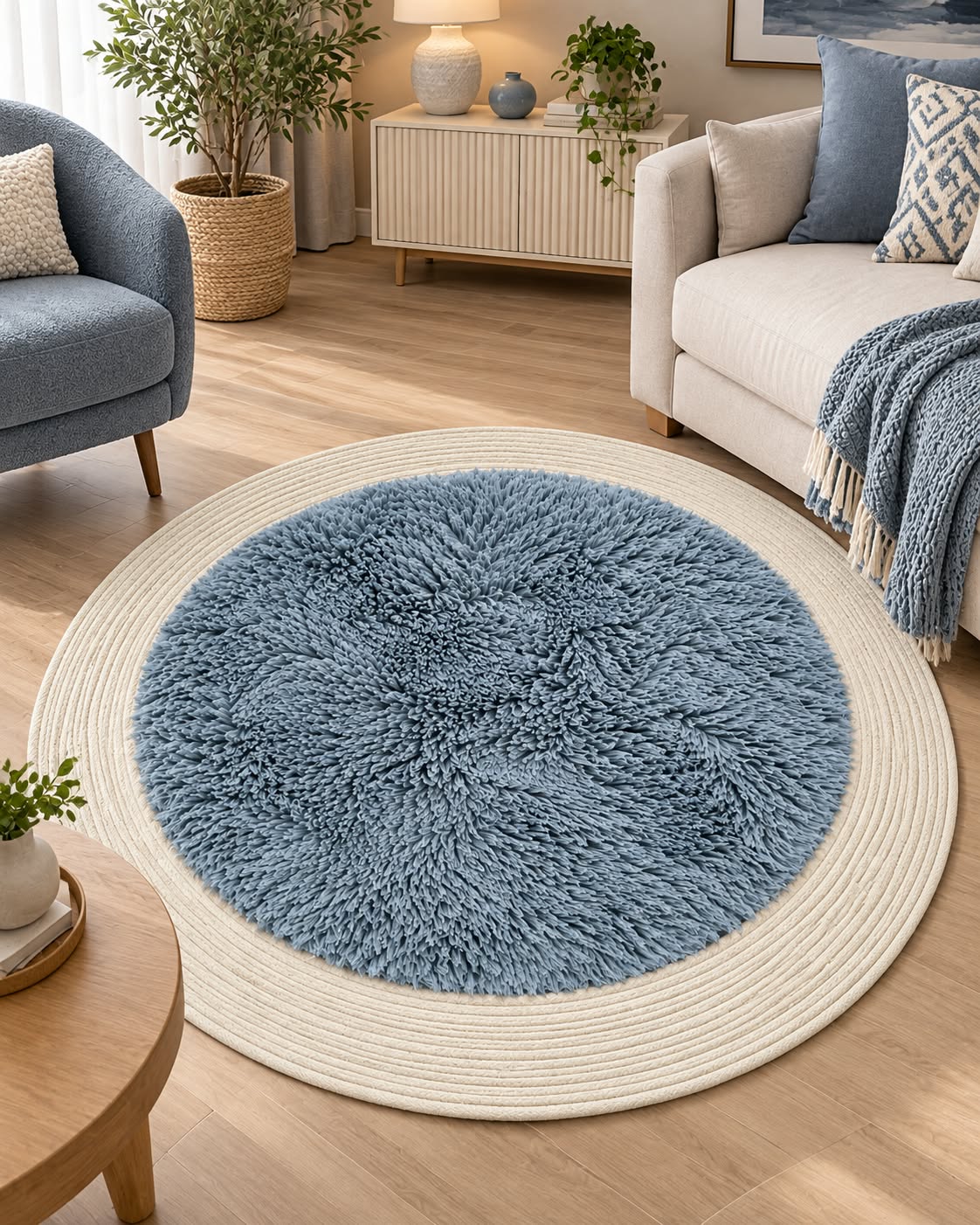 Round furry area rug in blue styled in a living room