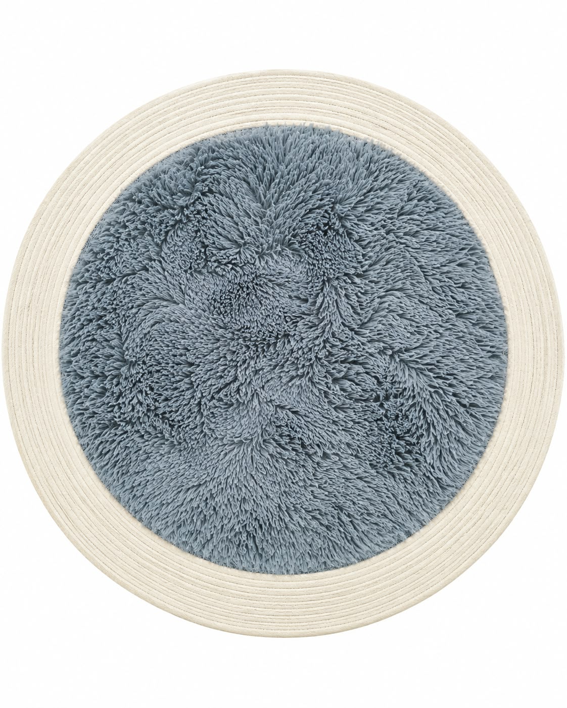 Round furry area rug in blue on white background