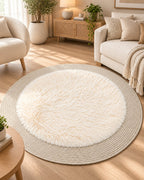 Round furry area rug in ivory styled in a living room