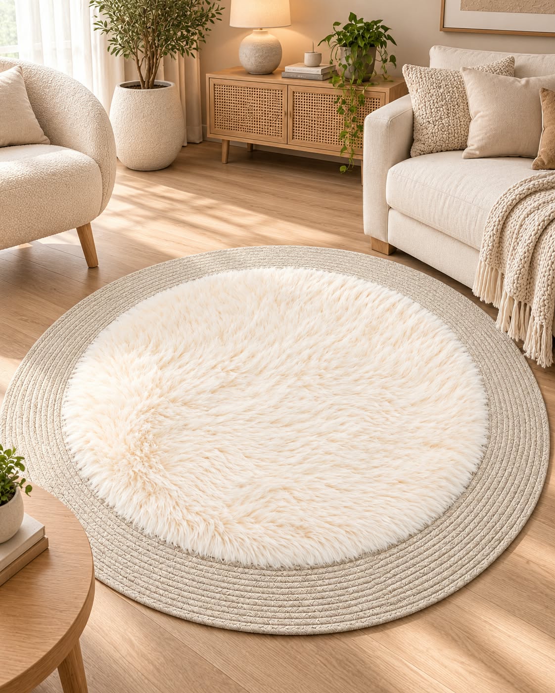 Round furry area rug in ivory styled in a living room