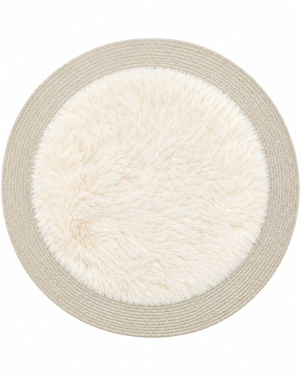 Round furry area rug in ivory on white background