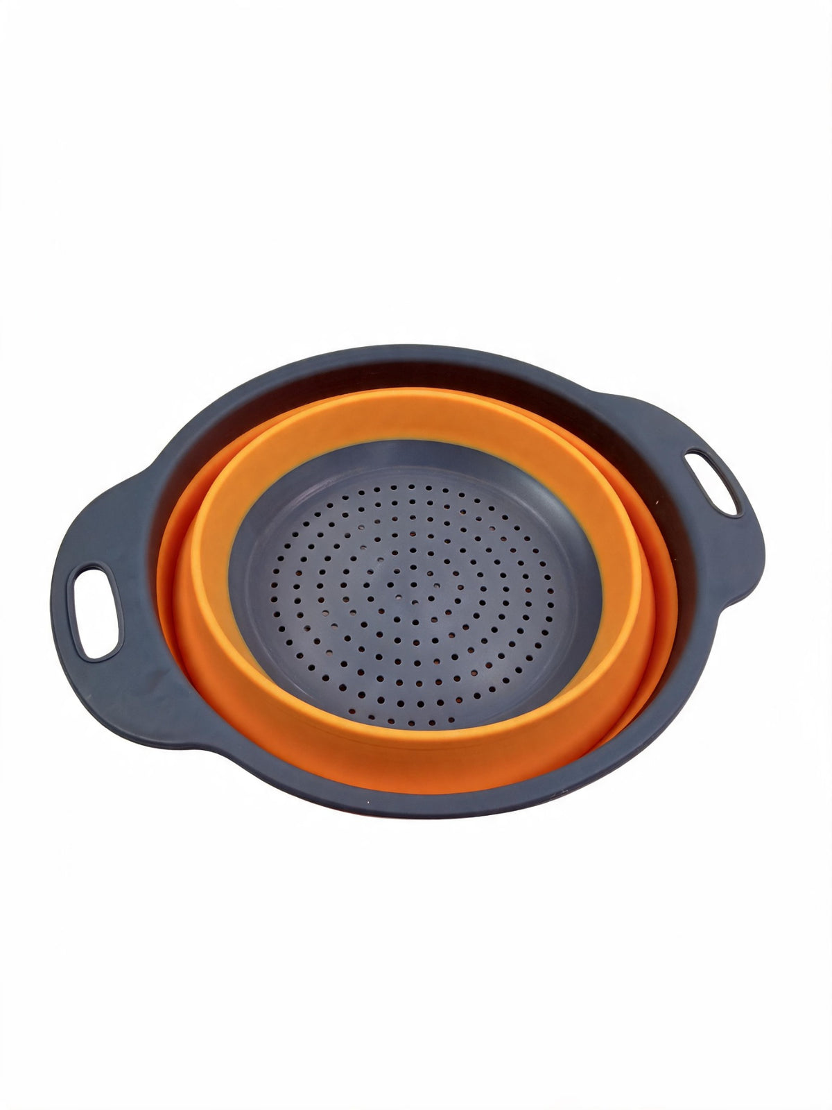 Small collapsible silicone colander in orange on white background