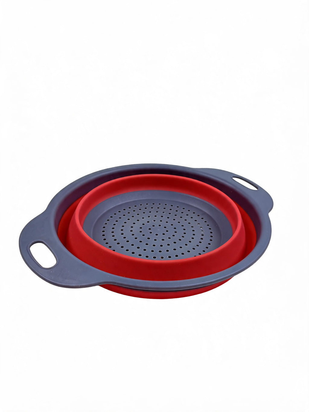 Small collapsible silicone colander in red on white background