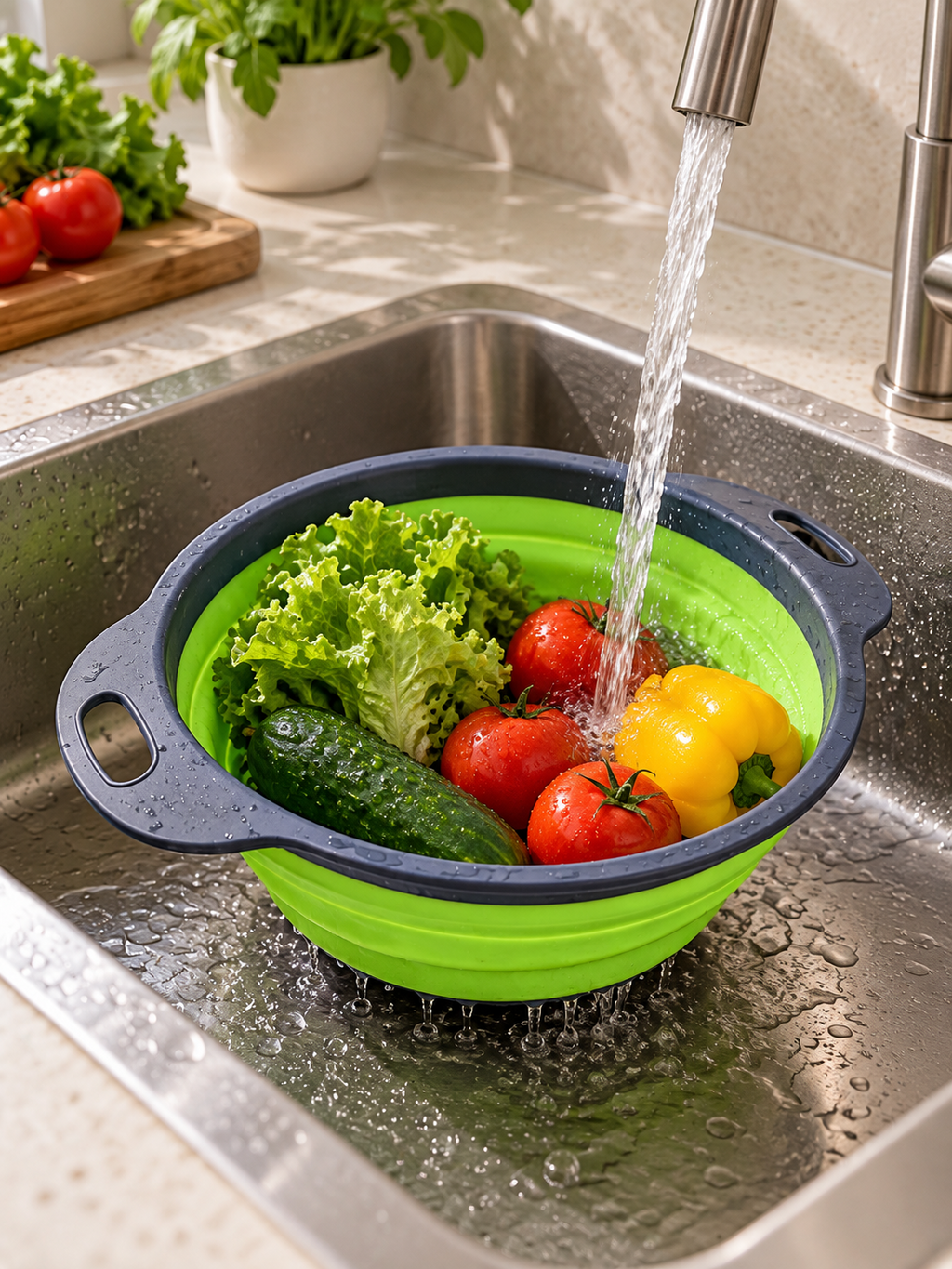 Small collapsible silicone colander rinsing fresh produce in a kitchen sink