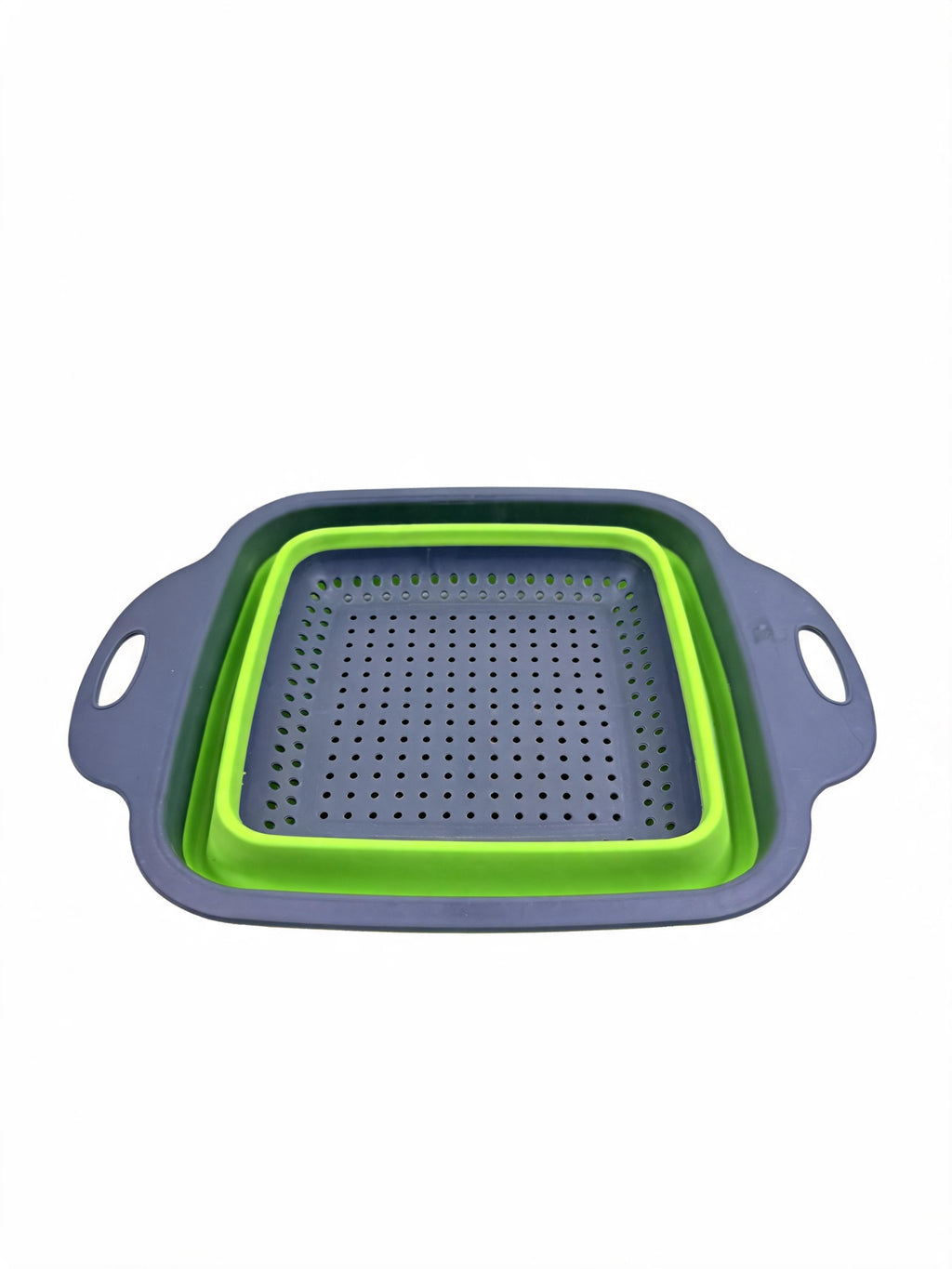Small square collapsible colander in green on white background