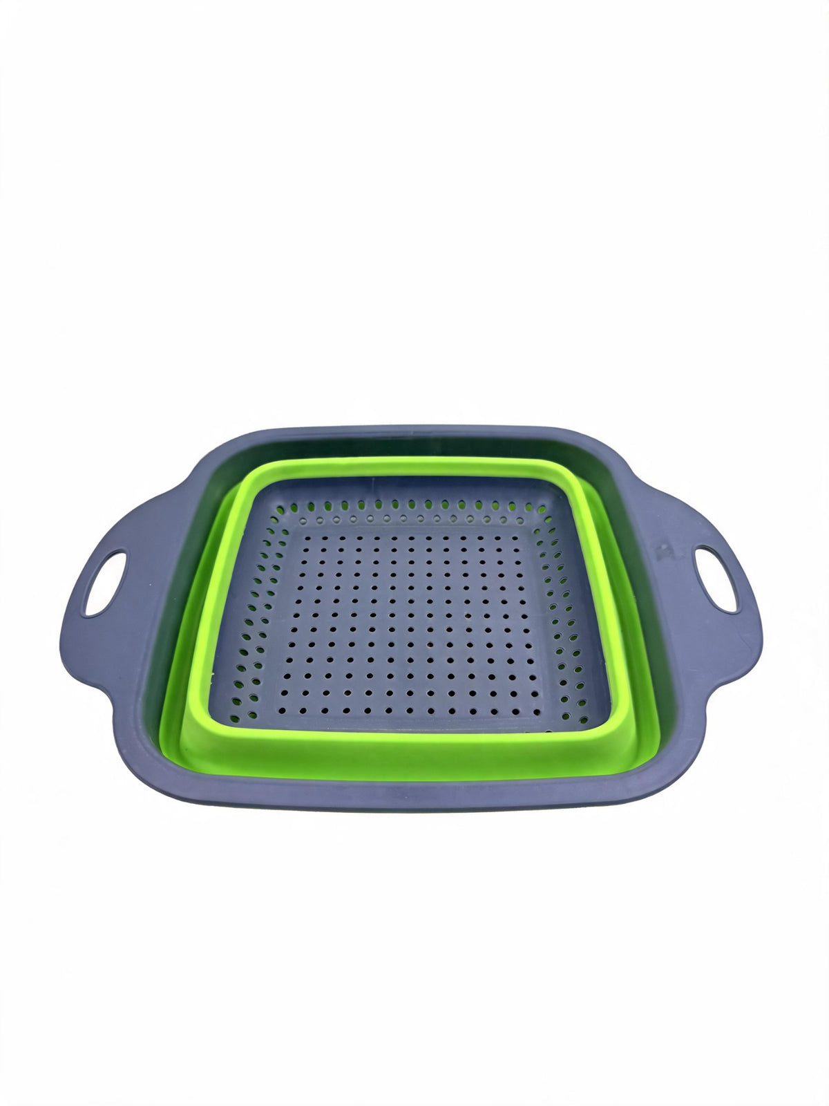 Small square collapsible colander in green on white background