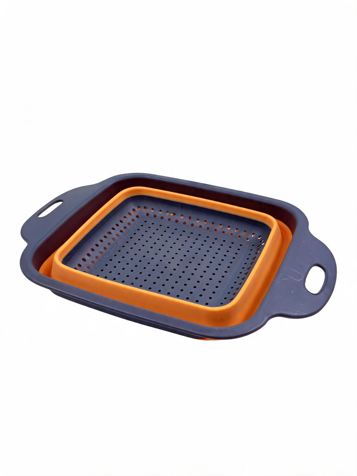 Small square collapsible colander in orange angled view on white background