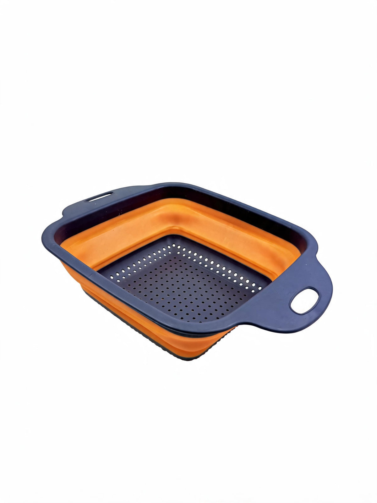 Small square collapsible colander in orange on white background