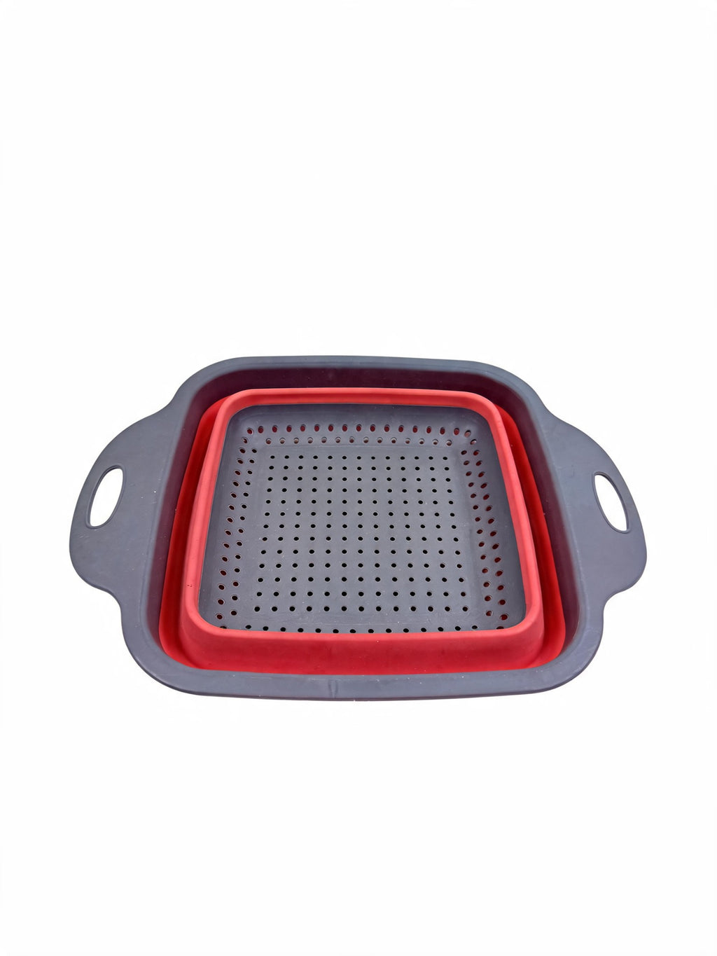 Small square collapsible colander in red on white background