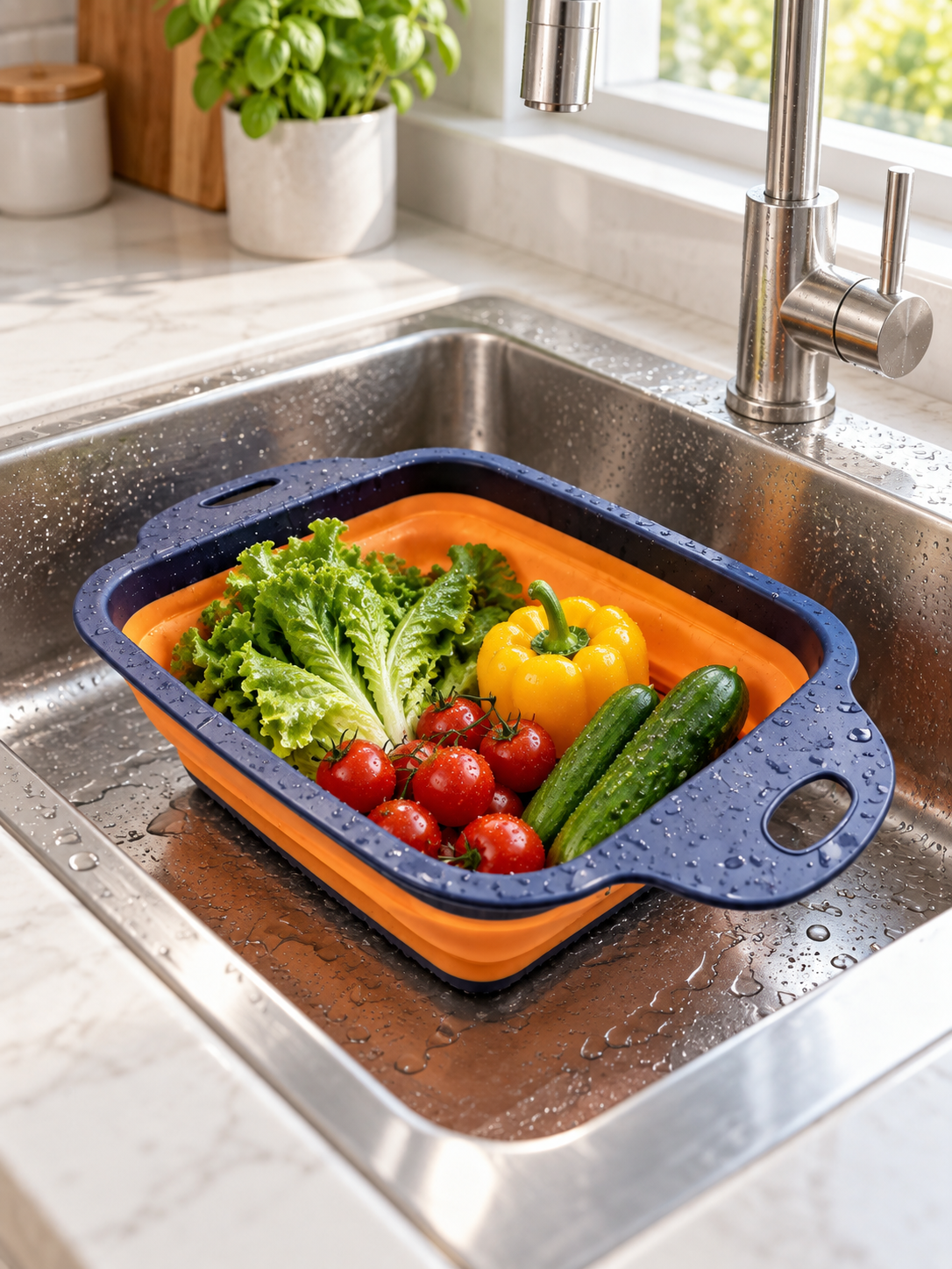 Small square collapsible colander with freshly washed vegetables in a kitchen sink