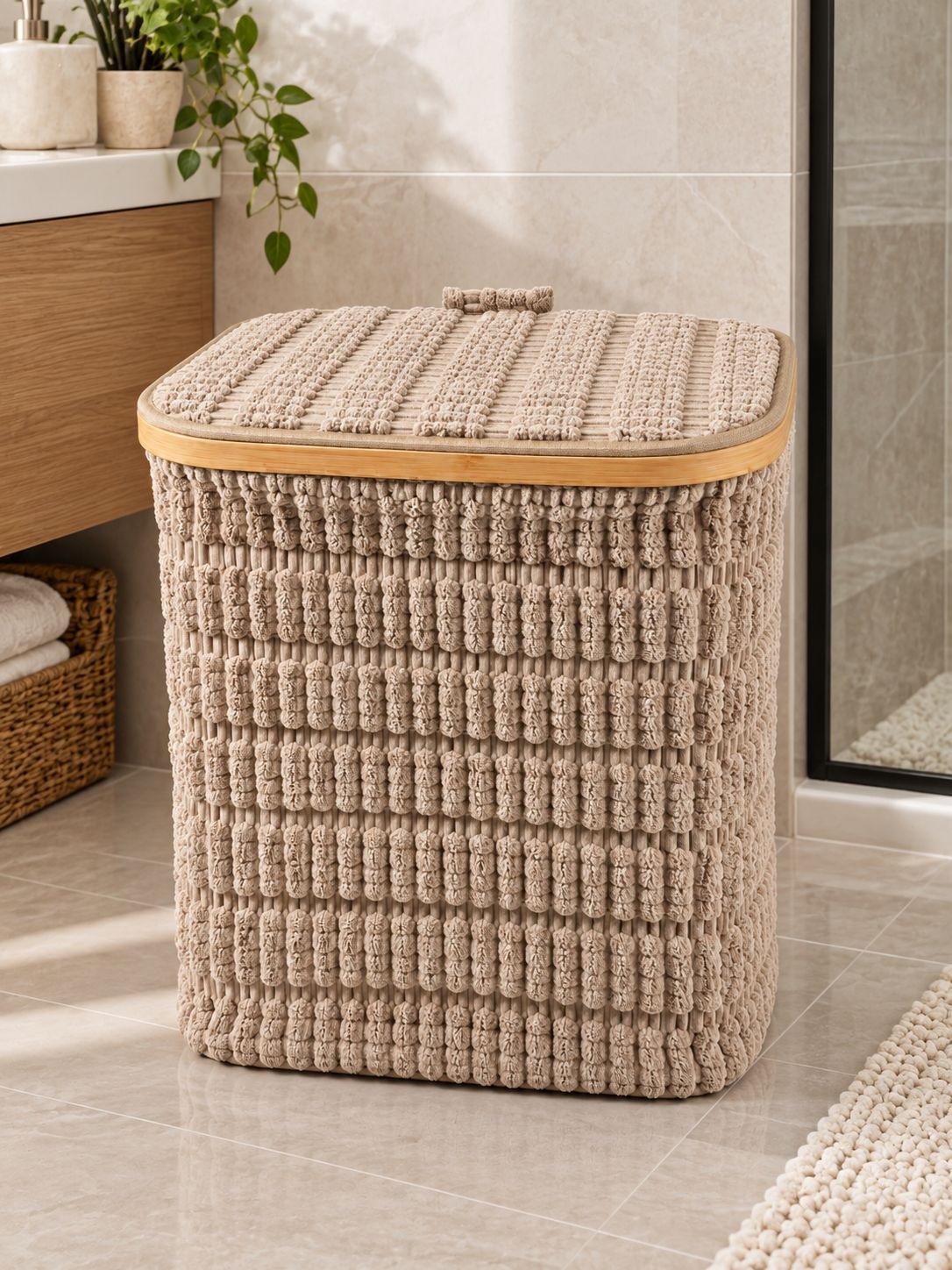 Square textured laundry basket with lid styled in a bathroom
