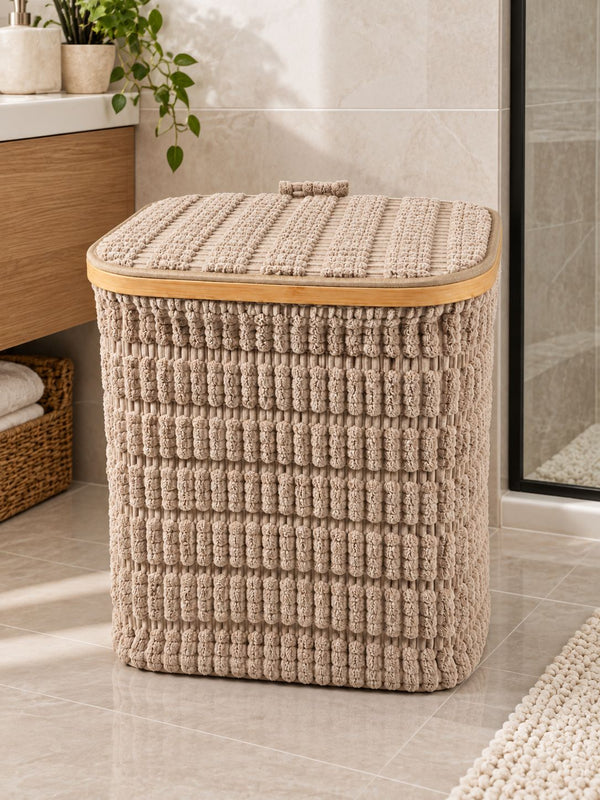 Textured Square Laundry Basket with Lid – 42 × 35 × 47 cm
