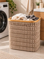 Square textured laundry basket filled with laundry