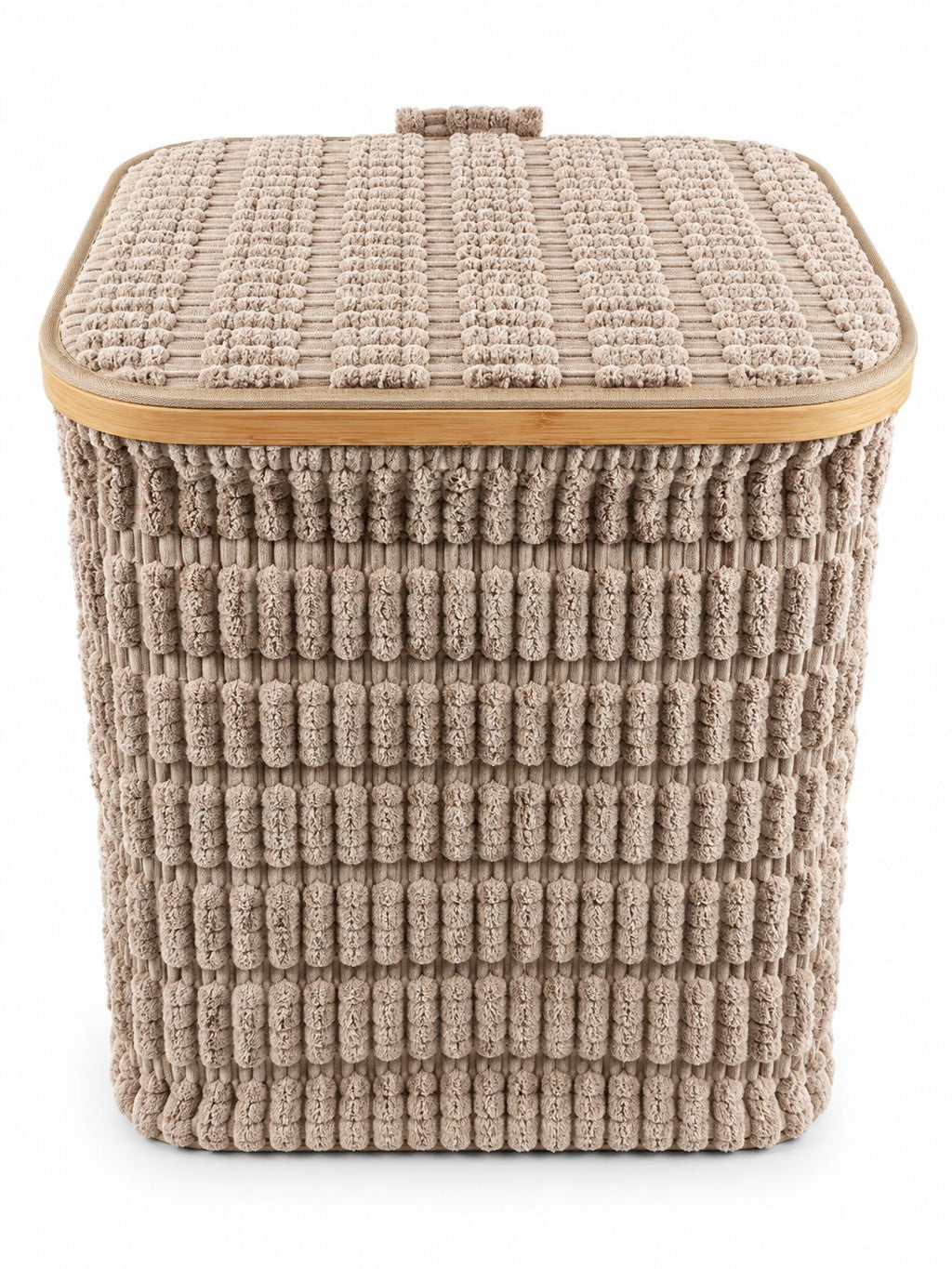 Square textured laundry basket with lid and bamboo-look rim, 42 x 35 cm, height 47 cm