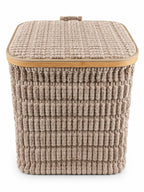 Square textured laundry basket with lid and bamboo-look rim, 42 x 35 cm, height 47 cm