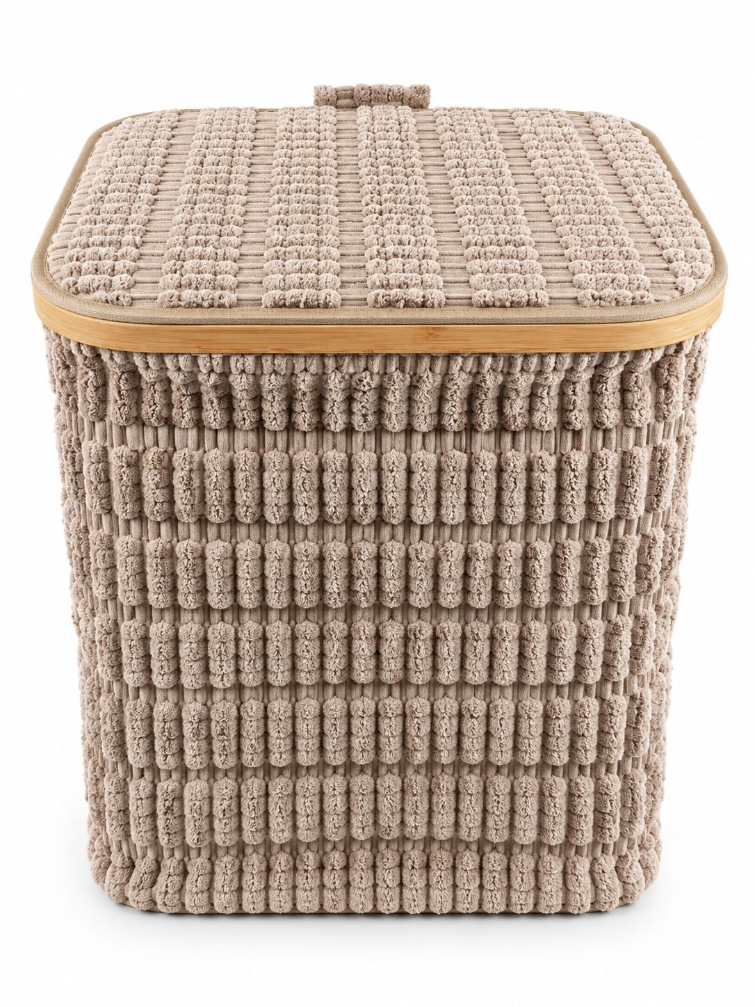 Square textured laundry basket with lid and bamboo-look rim, 42 x 35 cm, height 47 cm