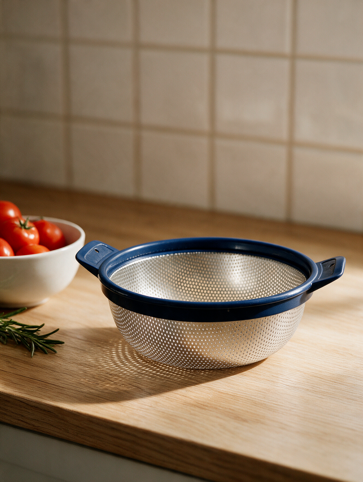Stainless steel colander on a kitchen counter
