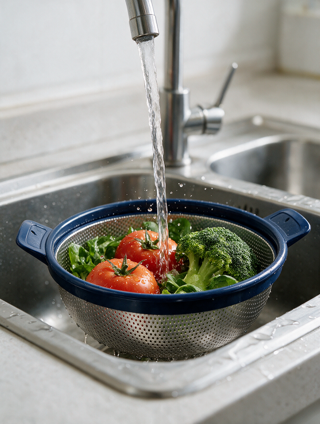Stainless steel colander washing vegetables under running water