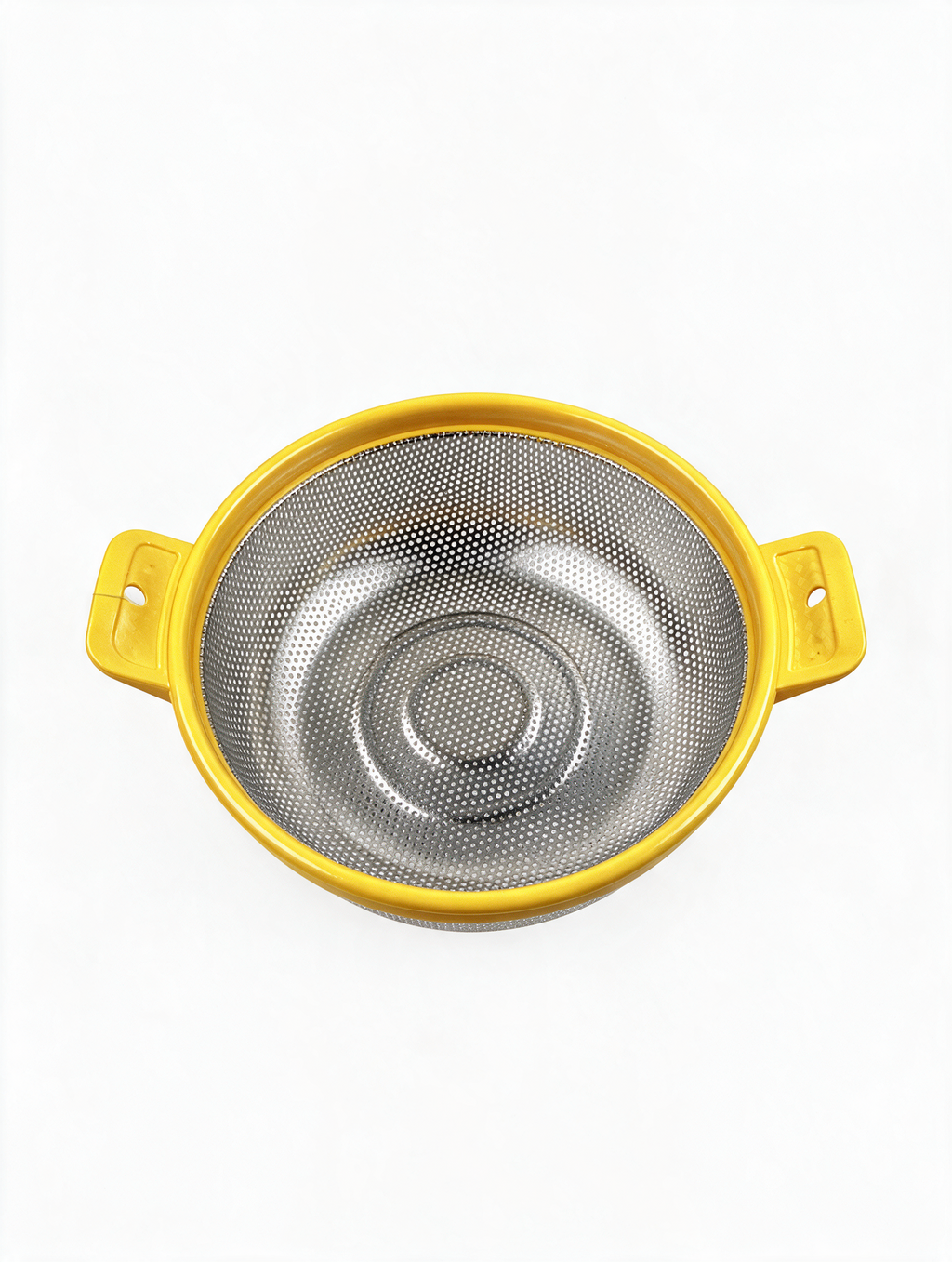 Top view of stainless steel colander with yellow handles and rim