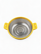 Top view of stainless steel colander with yellow handles and rim