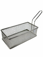Stainless steel deep fryer basket with long handle on white background