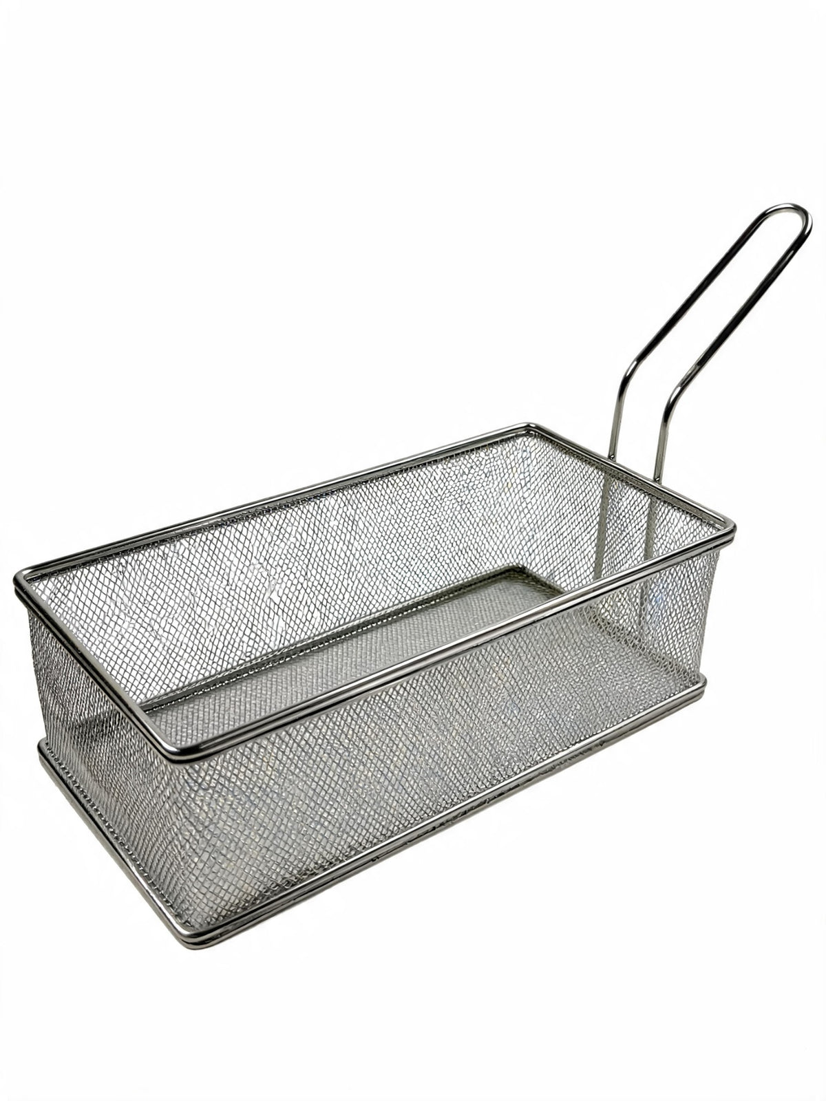 Stainless steel deep fryer basket with long handle on white background