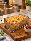 Stainless steel deep fryer basket filled with crispy fries