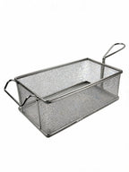 Stainless steel deep fryer basket with handle on white background