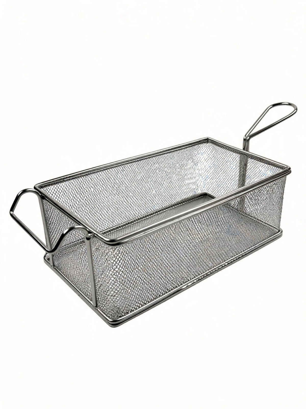 Stainless steel deep fryer basket with handle on white background