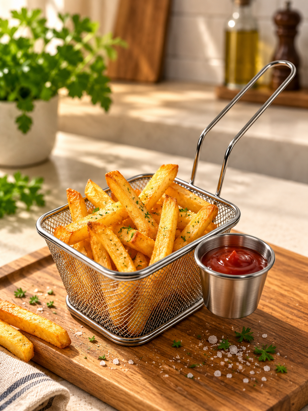 Stainless steel fryer basket with attached sauce cup filled with fries
