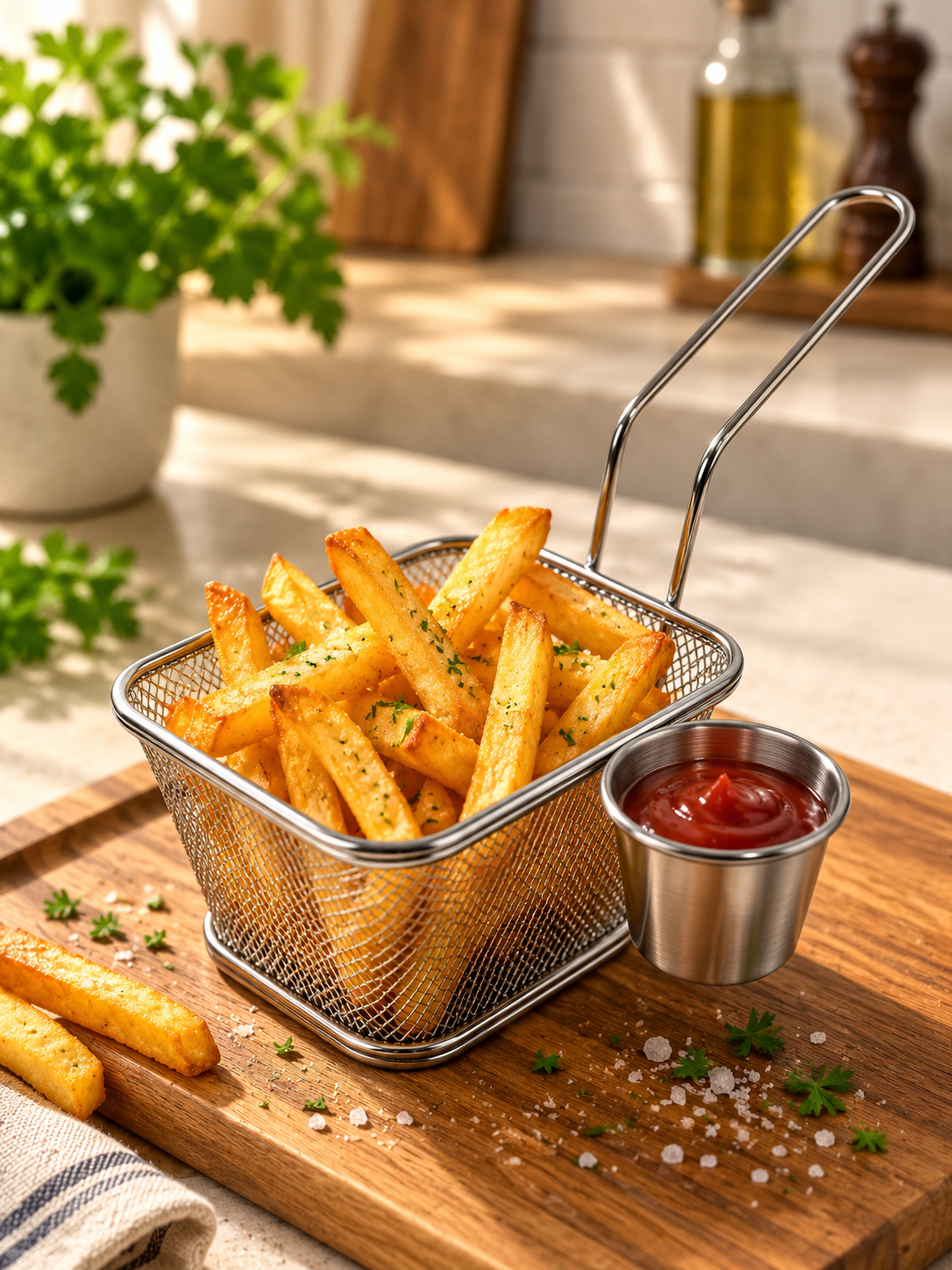 Stainless steel fryer basket with attached sauce cup filled with fries