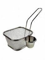 Stainless steel fryer basket with attached sauce cup on white background