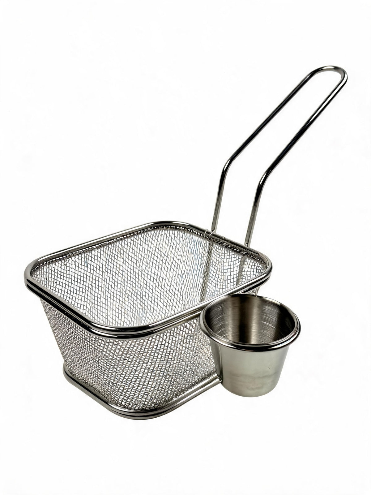 Stainless steel fryer basket with attached sauce cup on white background