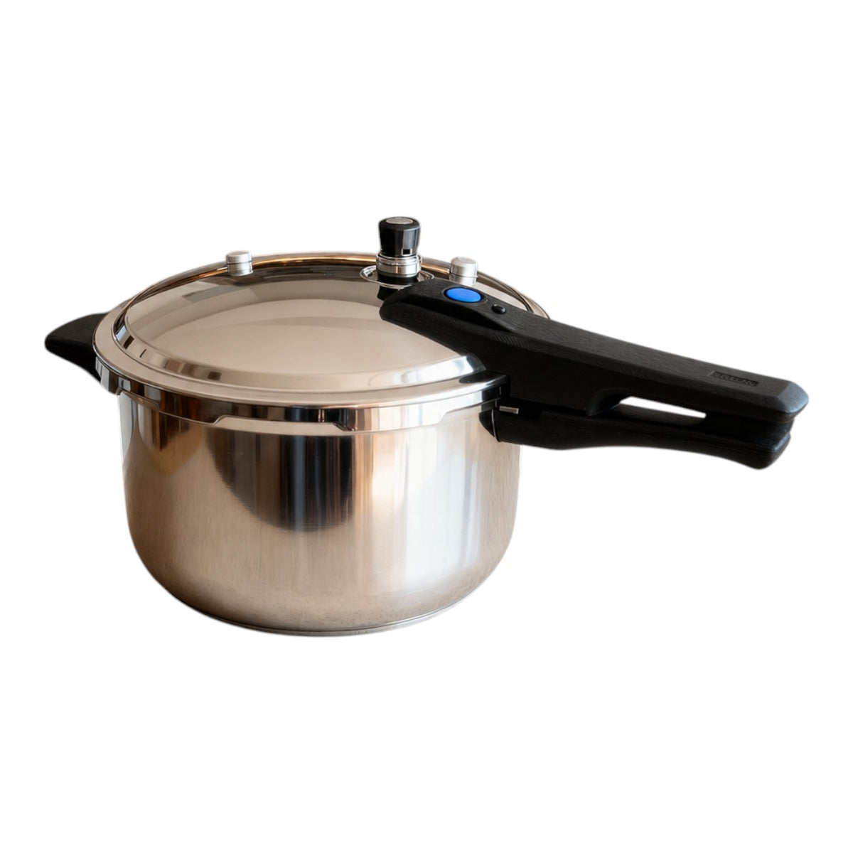 Vallena stainless steel pressure cooker with a secure locking handle and pressure release valve for induction stoves.