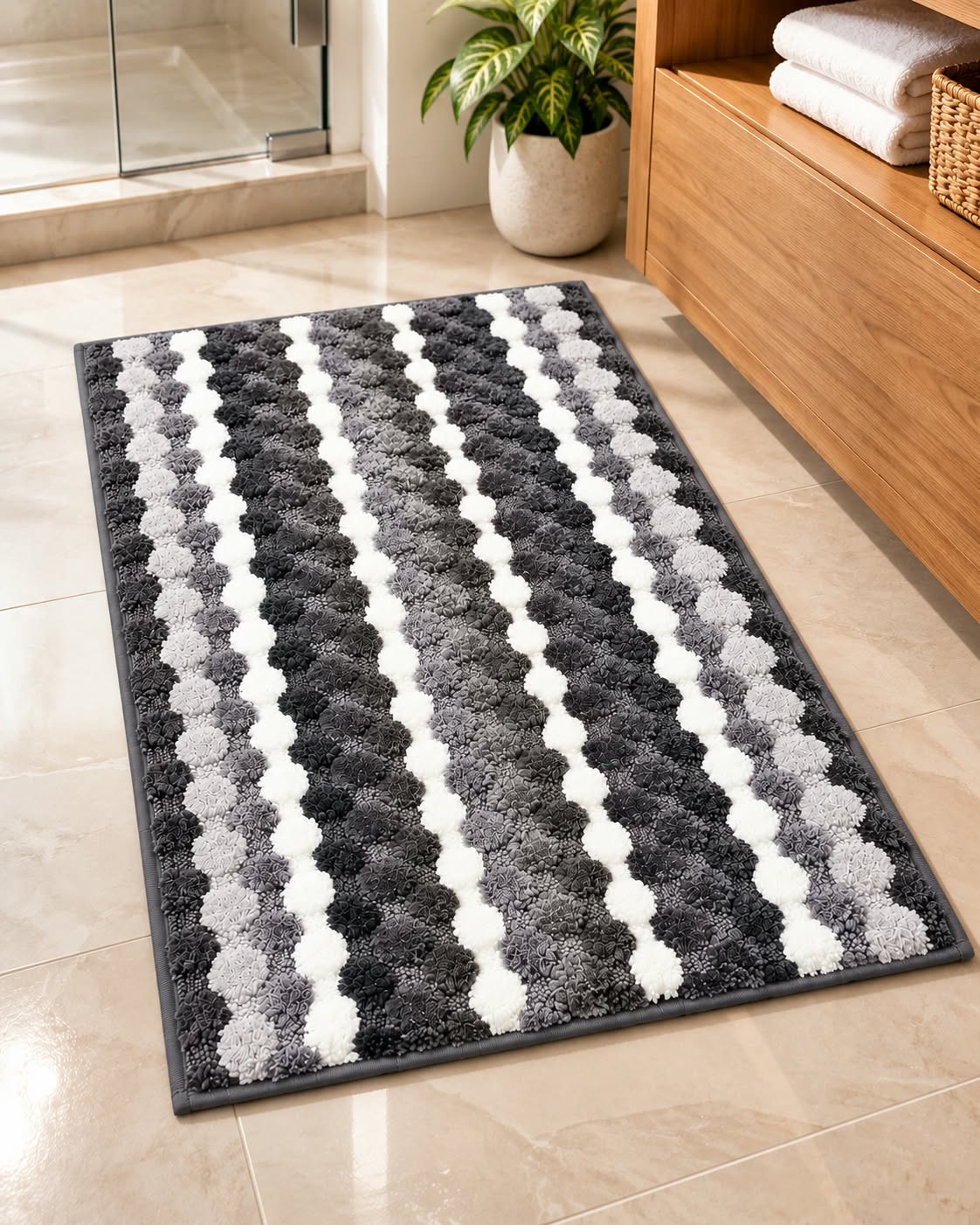 Striped textured bath mat 80 x 50 cm styled in a bathroom