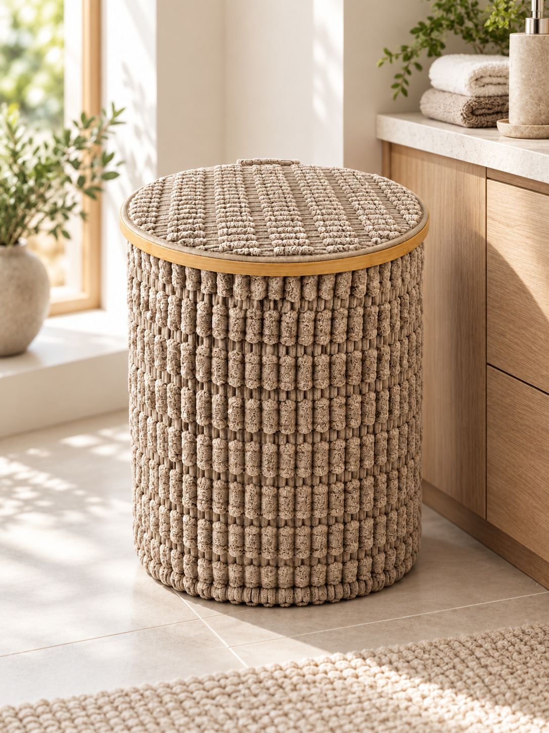 Textured round laundry basket with lid styled in a bathroom