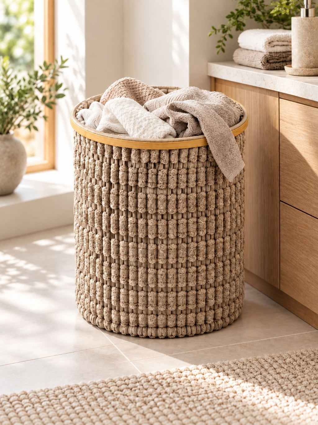 Textured round laundry basket filled with towels